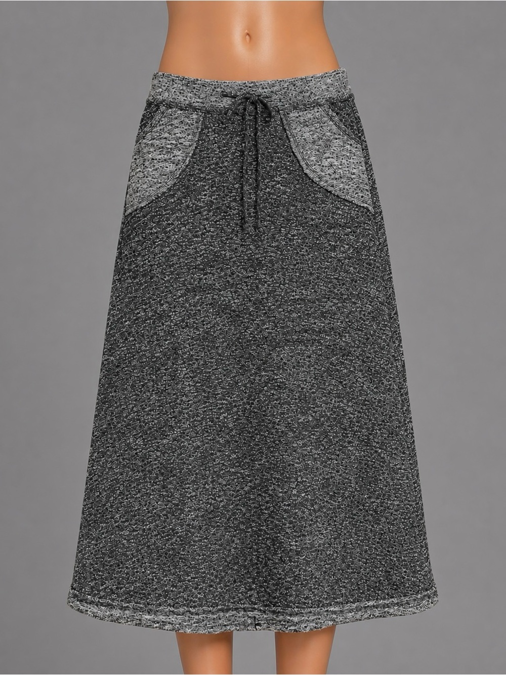 Long Gray Fray Patch Pockets Long Skirt Tie Waist